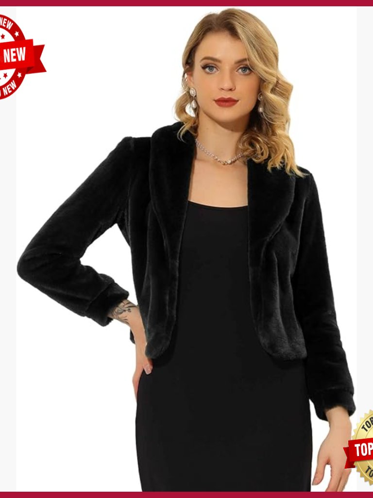 Womens Fluffy Faux Fur Cropped Coat Long Sleeve Notch Lapel Winter Jacket